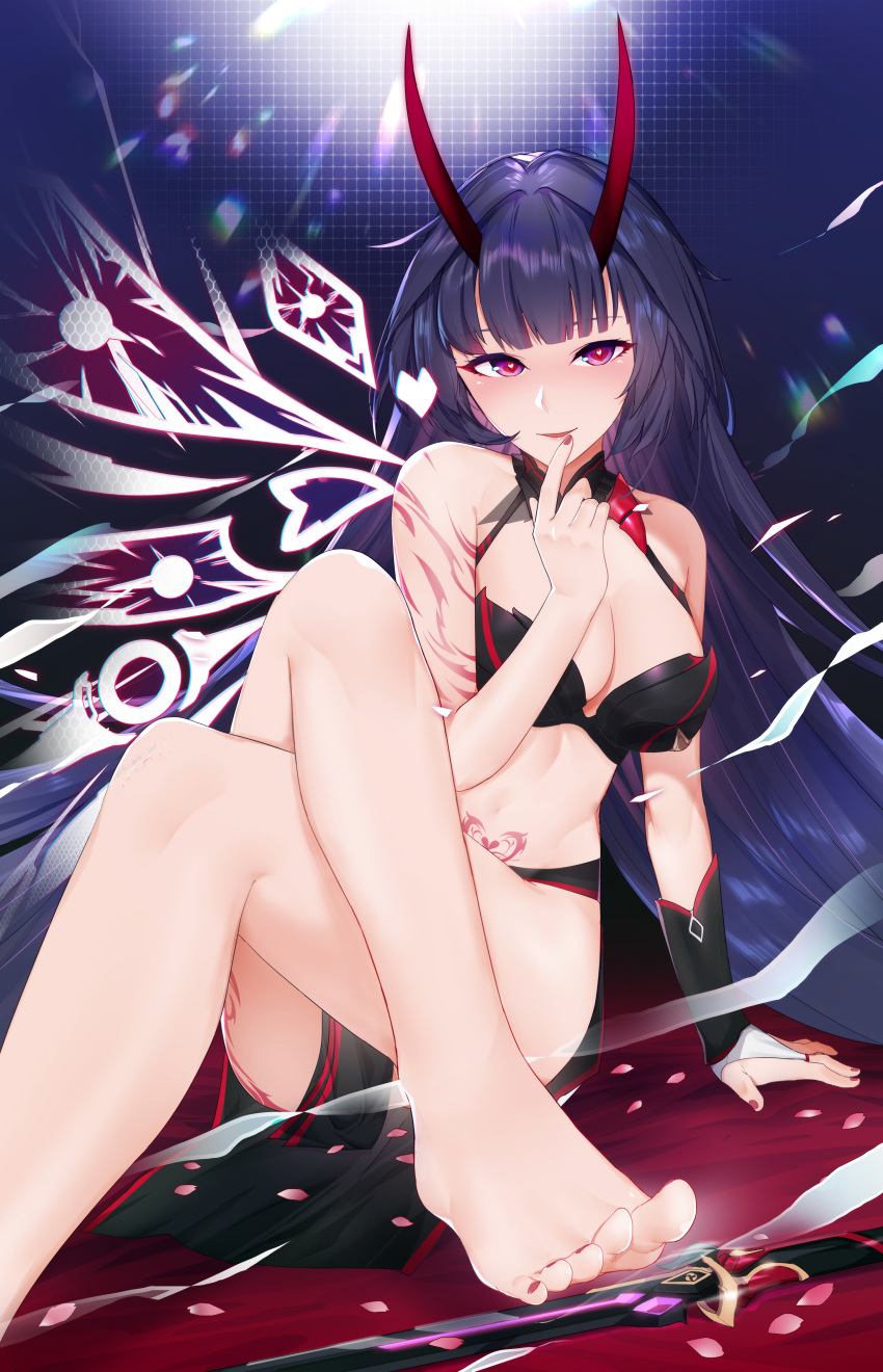 7t absurdres arm_guards armor bare_shoulders bikini_armor blunt_bangs blush breasts cleavage crossed_legs feet female hand_to_own_mouth heart heart-shaped_pupils highres honkai_(series) honkai_impact_3rd horns large_breasts long_hair looking_at_viewer markings nail_polish navel oni_horns parted_lips petals pubic_tattoo purple_eyes purple_hair purple_nails raiden_mei raiden_mei_(herrscher_of_thunder) red_horns sitting smile solo sword symbol-shaped_pupils tattoo thighs toes very_long_hair weapon