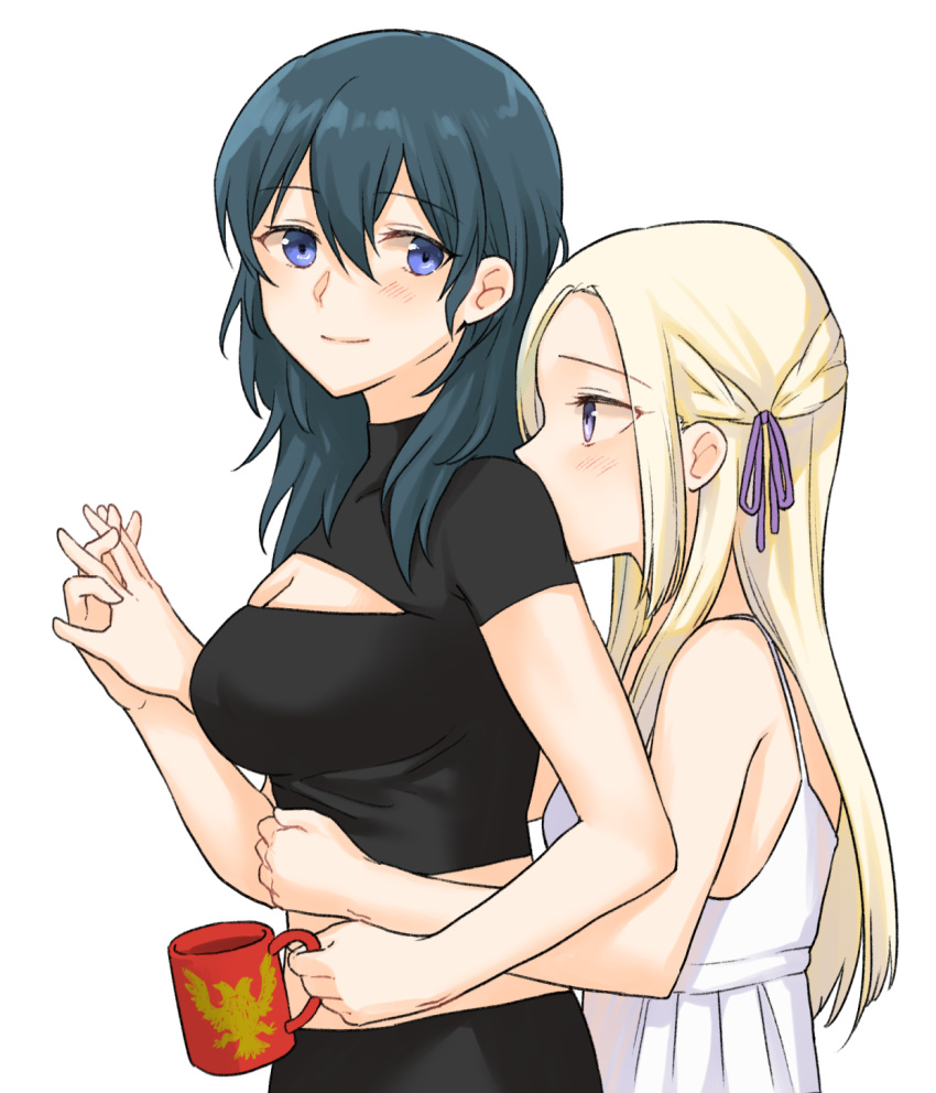 2girls bare_shoulders blonde_hair blue_eyes blue_hair blush breasts byleth_(female)_(fire_emblem) byleth_(fire_emblem) cleavage closed_mouth commentary_request crop_top cup dress edelgard_von_hresvelg eyes_visible_through_hair fire_emblem fire_emblem:_three_houses from_side fukuroumori hair_between_eyes hair_ornament hair_ribbon height_difference highres holding holding_cup holding_hands hug hug_from_behind long_hair looking_at_viewer looking_away looking_to_the_side midriff multiple_girls parted_bangs purple_ribbon ribbon short_sleeves sidelocks simple_background sleeveless sleeveless_dress turtleneck upper_body white_background white_dress yuri