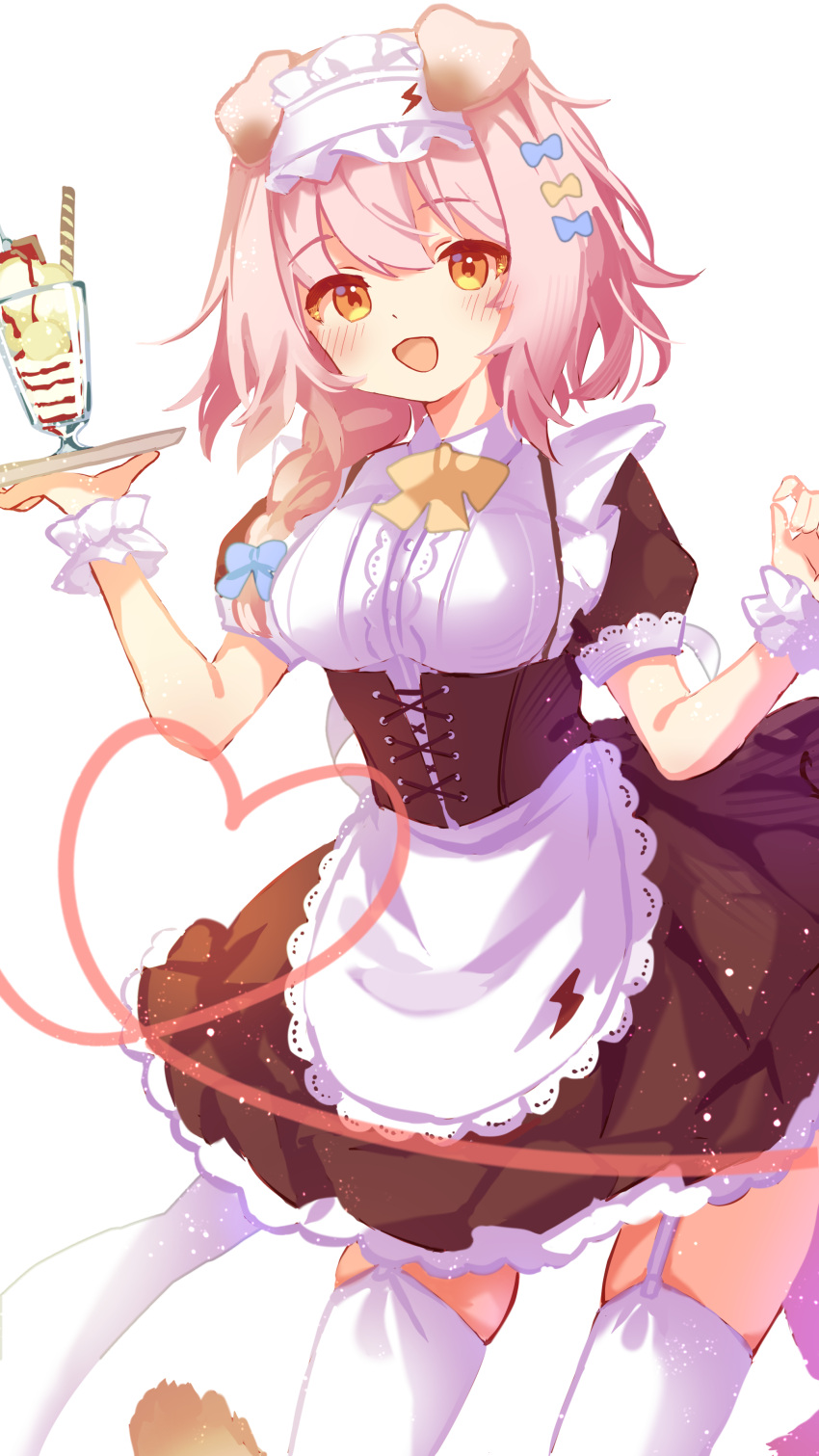 absurdres alternate_costume animal_ears apron arknights black_corset black_dress blue_bow blush bow bowtie braid breasts cat_ears cat_girl cat_tail corset cowboy_shot cross-laced_clothes dress enmaided female food frilled_apron frills garter_straps goldenglow_(arknights) hairbow hands_up highres holding holding_tray large_breasts lightning_bolt_symbol long_hair maid maid_apron maid_headdress multiple_hair_bows open_mouth pink_hair short_sleeves side_braid simple_background single_braid solo suzuiro_(chocolatte) tail thighhighs tray white_apron white_background white_bow white_bowtie white_thighhighs wrist_cuffs yellow_bow yellow_eyes