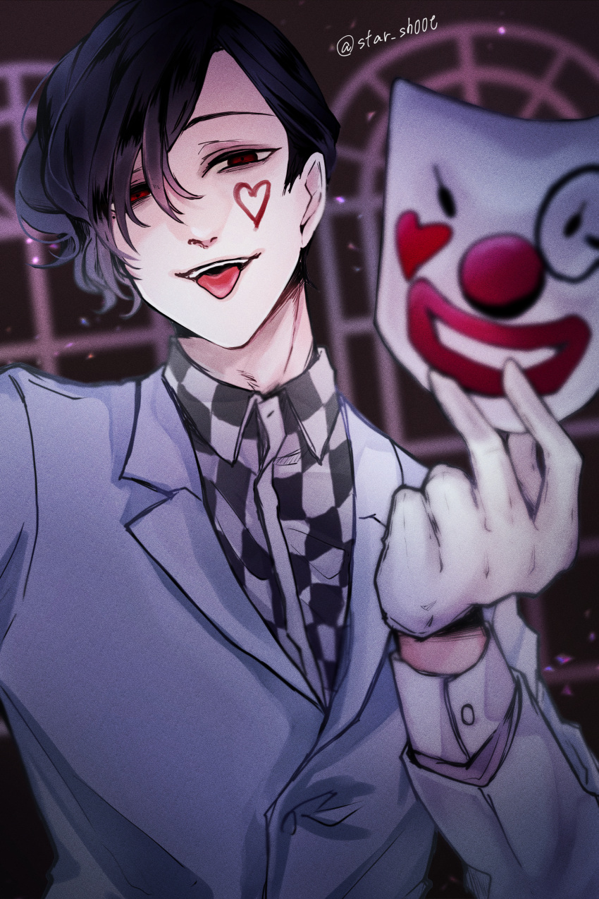 1boy absurdres artist_name black_hair black_shirt checkered_clothes checkered_shirt clown_mask furuta_nimura gloves grey_jacket heart highres holding holding_mask jacket kino_(uni_sk38) long_sleeves looking_at_viewer male_focus mask red_background red_eyes shirt short_hair solo spoilers teeth tokyo_ghoul tokyo_ghoul:re tongue tongue_out unworn_mask upper_body upper_teeth_only white_gloves white_shirt