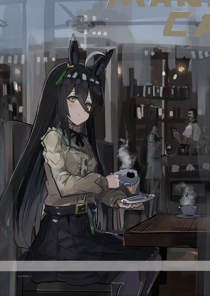 1boy 2girls ahoge animal_ears black_hair black_legwear black_skirt book bookshelf brown_eyes brown_shirt cafe chair closed_mouth commentary_request cup ear_piercing feet_out_of_frame hair_between_eyes highres holding holding_cup holding_saucer horse_ears horse_girl horse_tail long_sleeves looking_at_viewer manhattan_cafe_(umamusume) multiple_girls on_chair pantyhose piercing pleated_skirt saucer shirt sitting skirt solo_focus steam table tail the_olphy umamusume window