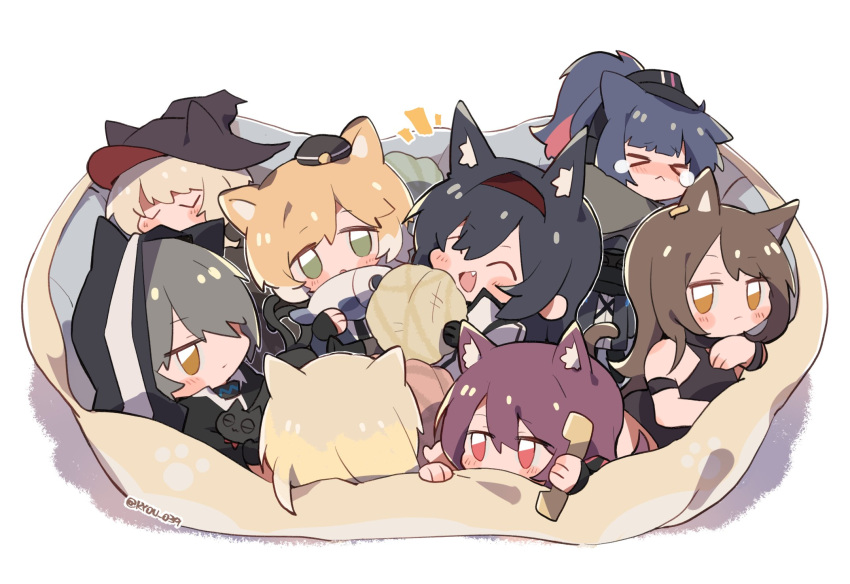 >_< 1boy 6+girls :< ^_^ animal animal_ear_fluff animal_ears animal_hood arknights bag beret black_cat black_cloak black_hair black_headwear black_one-piece_swimsuit blaze_(arknights) blonde_hair blue_hair blush brown_hair cat_boy cat_day cat_ears cat_girl cat_hood cat_tail chibi christine_(arknights) cloak closed_eyes closed_mouth commentary_request ear_piercing extra_ears feline fish green_eyes grey_hair hair_over_one_eye hairband hat haze_(arknights) highres holding holding_animal holding_fish holding_phone hood infection_monitor_(arknights) jessica_(arknights) jitome kyou_039 large_tail long_hair looking_at_viewer melantha_(arknights) mini_hat mousse_(arknights) multicolored_hair multiple_girls nightmare_(arknights) oerba_yun_fang official_alternate_costume one-piece_swimsuit open_mouth orange_hair phantom_(arknights) phone piercing ponytail purple_hair red_hairband short_hair simple_background skyfire_(arknights) skyfire_(temperature_difference)_(arknights) sleeping swimsuit tail tears twitter_username two-tone_hair white_background witch_hat