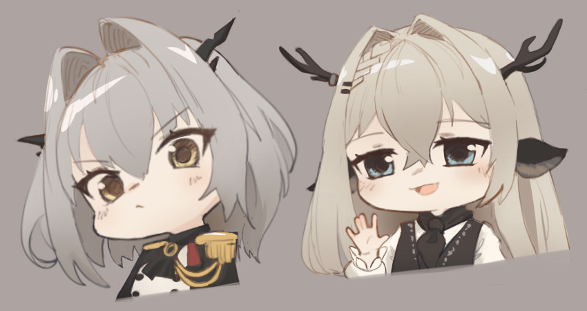 2girls :< :d alina_(arknights) animal_ears antlers arknights black_jacket black_vest blue_eyes blush brown_eyes brown_hair chibi closed_mouth commentary cropped_torso epaulettes grey_background grey_hair hair_between_eyes hair_intakes hand_up highres horns jacket long_sleeves looking_at_viewer multiple_girls puffy_long_sleeves puffy_sleeves radioneet shirt simple_background smile talulah_(arknights) upper_body vest white_shirt