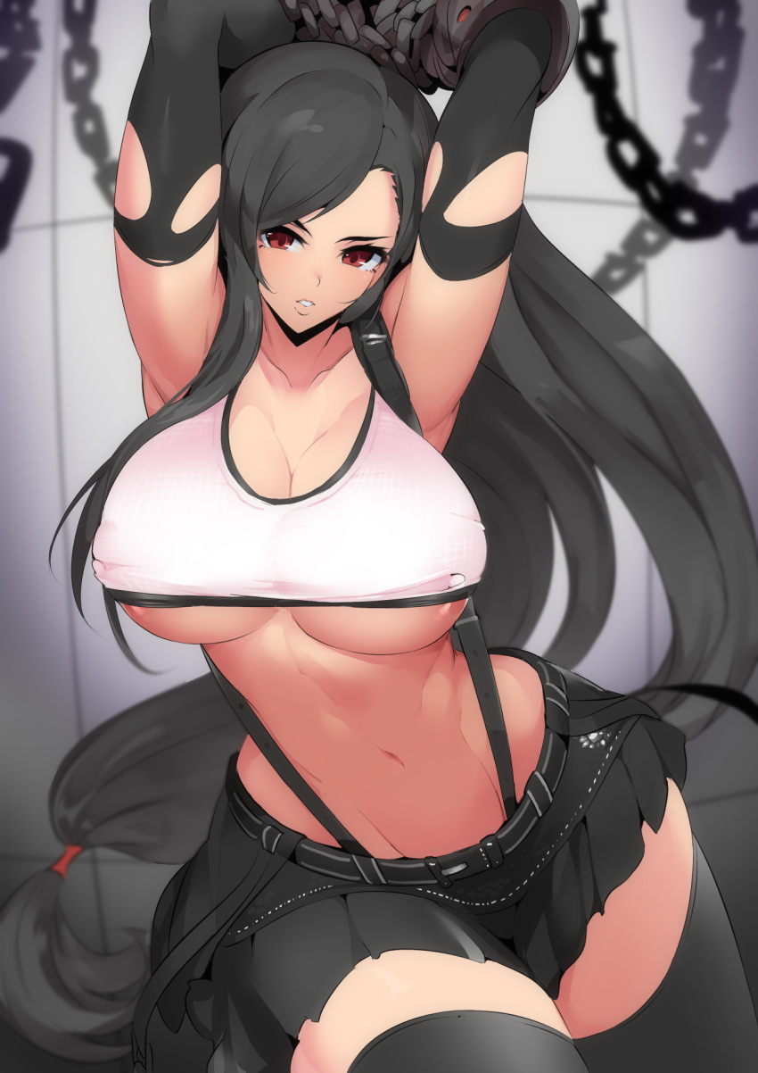 areola_slip arms_up black_hair black_skirt breasts chains cleavage covered_nipples crop_top female final_fantasy final_fantasy_vii final_fantasy_vii_remake highres long_hair low-tied_long_hair midriff nac000 navel pleated_skirt red_eyes restrained skirt solo stomach tank_top thighhighs tifa_lockhart torn_clothes underboob very_long_hair white_tank_top