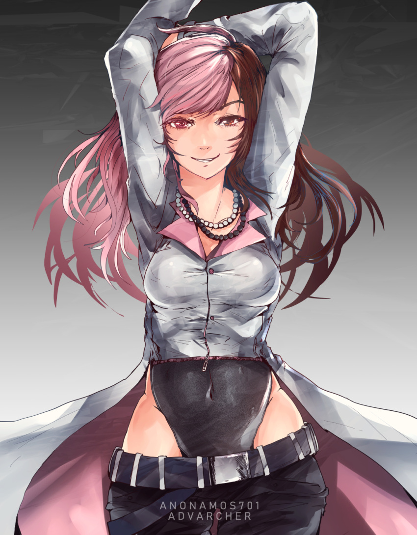 advarcher arms_behind_head arms_up bad_id bad_pixiv_id breasts brown_eyes brown_hair covered_navel female gradient_background heterochromia highres long_hair looking_at_viewer medium_breasts multicolored_hair neo_politan pink_eyes pink_hair rwby smile solo split-color_hair thighs