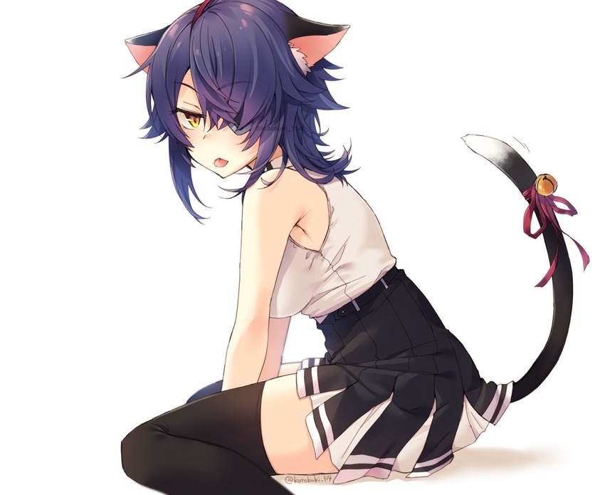 :p animal_ears artist_name bell blush breasts cat_ears cat_girl cat_tail colored_skin eyepatch female jingle_bell kantai_collection kotobuki_(momoko_factory) large_breasts looking_at_viewer nose purple_hair shirt short_hair simple_background sitting solo tail tenryuu_(kancolle) tenryuu_kai_ni_(kancolle) thighhighs tongue tongue_out watermark white_shirt yellow_eyes