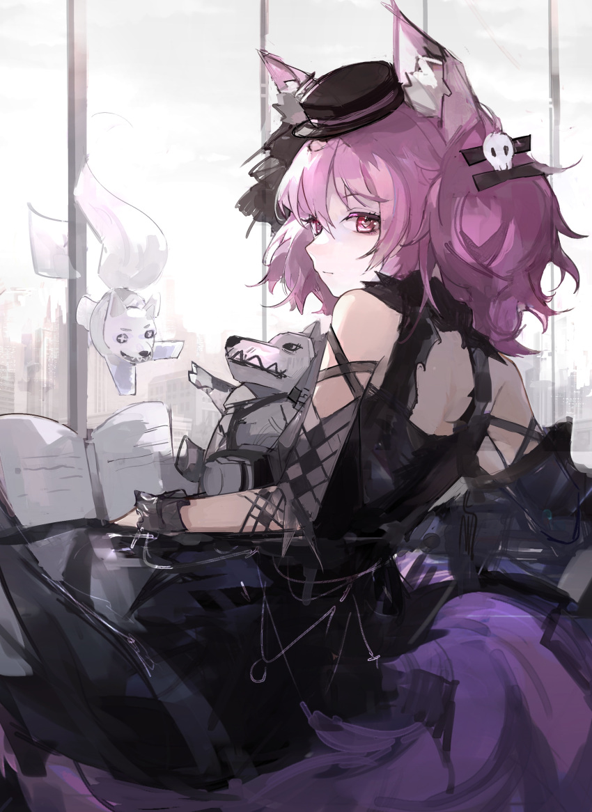 absurdres animal_ear_fluff animal_ears arknights bare_shoulders black_dress black_hat cityscape commentary_request dress female from_behind hair_between_eyes hair_ornament hairclip hat heart heart-shaped_pupils highres indoors looking_at_viewer looking_back mini_hat morte_(arknights) official_alternate_costume pink_hair qianzhu red_eyes shamare_(arknights) shamare_(echo_of_the_horrorlair)_(arknights) skull_hair_ornament sleeveless sleeveless_dress solo symbol-shaped_pupils tail window wrist_cuffs