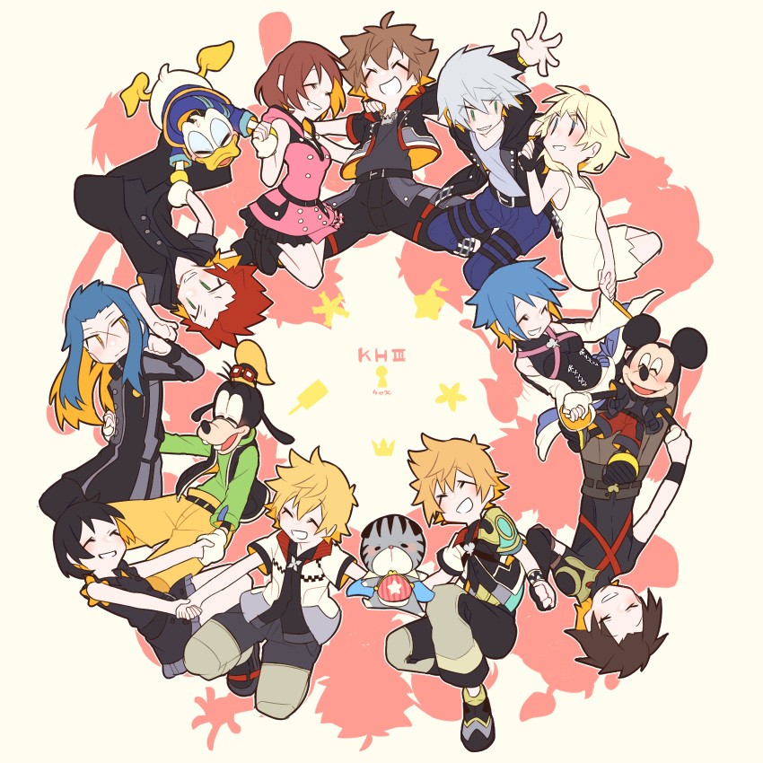 4girls 6+boys :d aqua_(kingdom_hearts) axel_(kingdom_hearts) bird black_hair blonde_hair blue_hair brown_hair canine chirithy closed_eyes disney donald_duck duck goofy grey_hair hat highres holding_hands isa_(kingdom_hearts) kairi_(kingdom_hearts) kingdom_hearts kingdom_hearts_iii kitsune_no_ko lea_(kingdom_hearts) mickey_mouse mouse_(animal) multiple_boys multiple_girls namine red_hair riku_(kingdom_hearts) roxas saix smile sora_(kingdom_hearts) terra_(kingdom_hearts) ventus_(kingdom_hearts) xion_(kingdom_hearts)