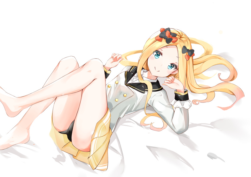 abigail_williams_(fate) absurdres barefoot bed_sheet black_bow black_panties blazer blonde_hair bow collared_shirt commentary dress_shirt fate/grand_order fate_(series) feet_out_of_frame female forehead hairbow hands_up highres jacket knees_up long_hair looking_at_viewer lying multiple_hair_bows on_back orange_bow panties parted_bangs pleated_skirt school_uniform shirt skirt solo thighs underwear very_long_hair white_background white_jacket white_shirt yellow_skirt yukaa