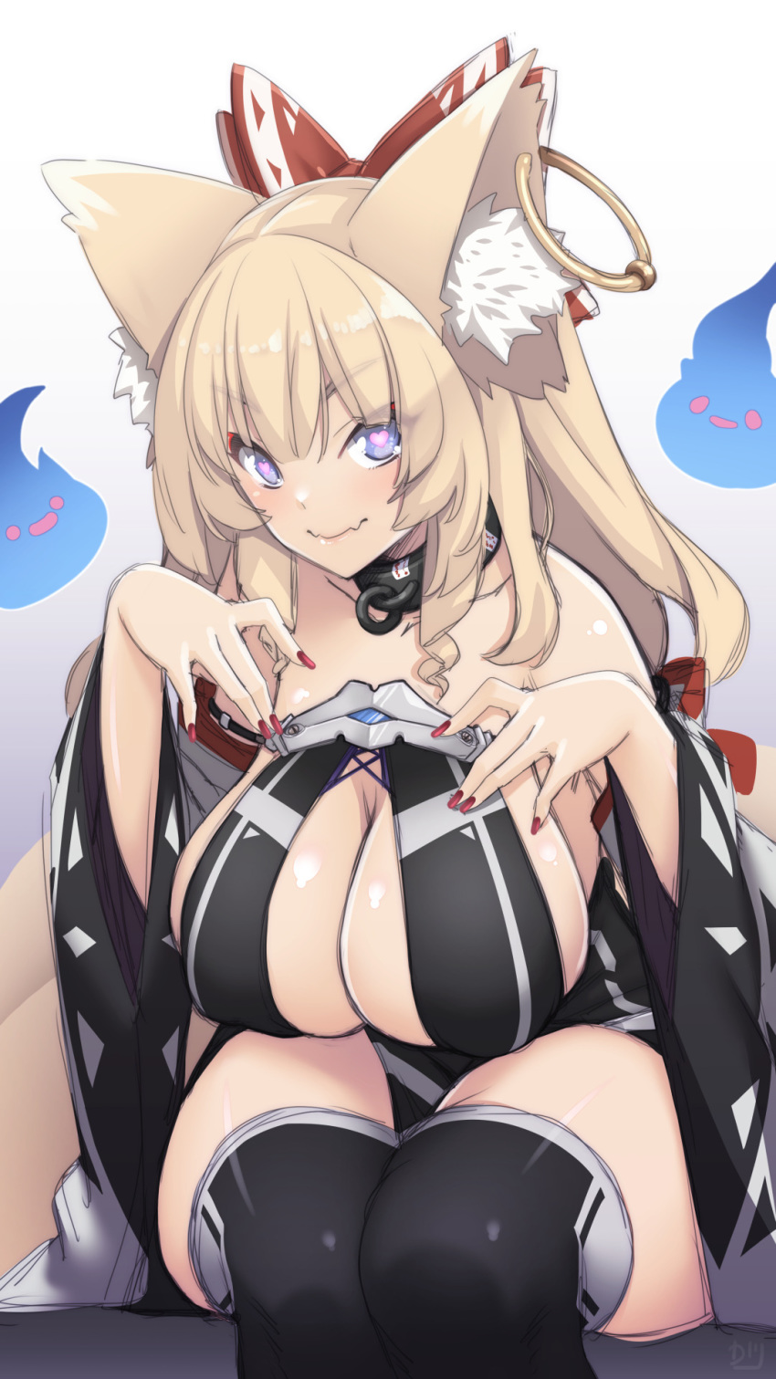 animal_ear_fluff animal_ears bare_shoulders black_legwear blonde_hair blue_eyes bow breasts character_request cleavage collar commentary_request copyright_request detached_sleeves female fox_ears hairbow heart heart-shaped_pupils highres hitodama jewelry large_breasts long_hair low-tied_long_hair nail_polish oerba_yun_fang osafune_kairi single_earring sitting skin_fang smile solo symbol-shaped_pupils thighhighs