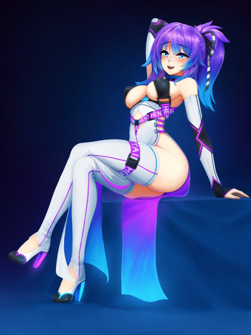 :d arm_behind_head arm_up bandaid bandaid_on_face barbariank bare_shoulders blue_eyes blue_hair blush breasts clothes_writing commentary commission covered_nipples detached_leggings detached_sleeves dress english_commentary female full_body gradient_hair hair_ribbon high_heels highres long_hair looking_at_viewer melody_(projektmelody) melody_(projektmelody)_(1st_costume) multicolored_hair no_panties open_mouth pelvic_curtain ponytail purple_hair ribbon side_slit sitting sleeves_past_wrists smile solo thigh_strap virtual_youtuber vshojo