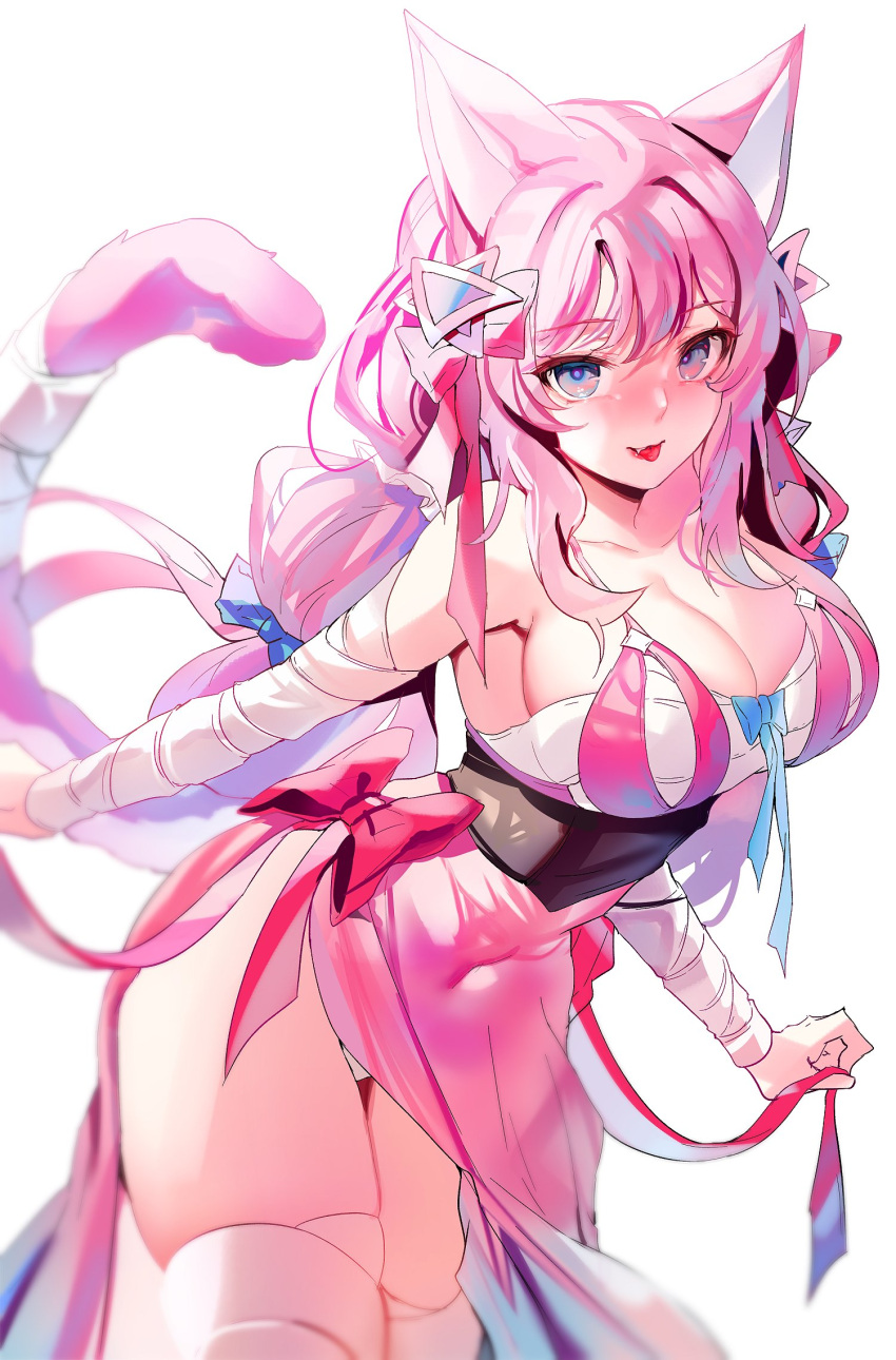 :3 :p animal_ears bad_id bad_twitter_id bandaged_arm bandaged_tail bandages bare_shoulders blue_bow blue_eyes blurry blurry_background blush bow breasts cat_ears cat_girl cat_tail character_request cleavage copyright_request covered_navel depth_of_field female hair_ornament hairbow highres holding holding_ribbon large_breasts long_hair looking_at_viewer multicolored_eyes nipple_cutout oerba_yun_fang pink_hair red_bow ribbon sarashi solo striped_clothes striped_thighhighs tail thighhighs tongue tongue_out vertical_stripes white_background white_thighhighs zerocat