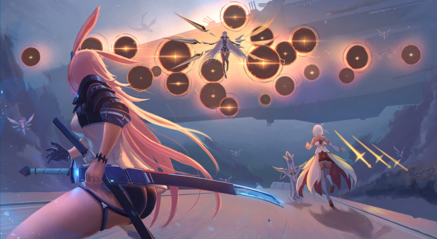 3girls absurdres animal_ears ass back bare_shoulders black_footwear black_gloves black_shorts blue_jacket blue_sky boots chinese_commentary commentary cross_(weapon) dragon fighting floating floating_object floating_sword floating_weapon fox_ears gloves highres holding holding_sword holding_weapon honkai_(series) honkai_beast honkai_impact_3rd jacket katana kiana_kaslana kiana_kaslana_(herrscher_of_the_void) multiple_girls outdoors panties pink_hair polearm sheath sheathed shirt shorts single_glove sky sleeves_past_elbows spear sword theresa_apocalypse theresa_apocalypse_(celestial_hymn) thigh_boots thighhighs underwear weapon white_hair white_panties white_shirt white_sleeves wings yae_sakura yae_sakura_(goushinnso_memento) yeyufeng