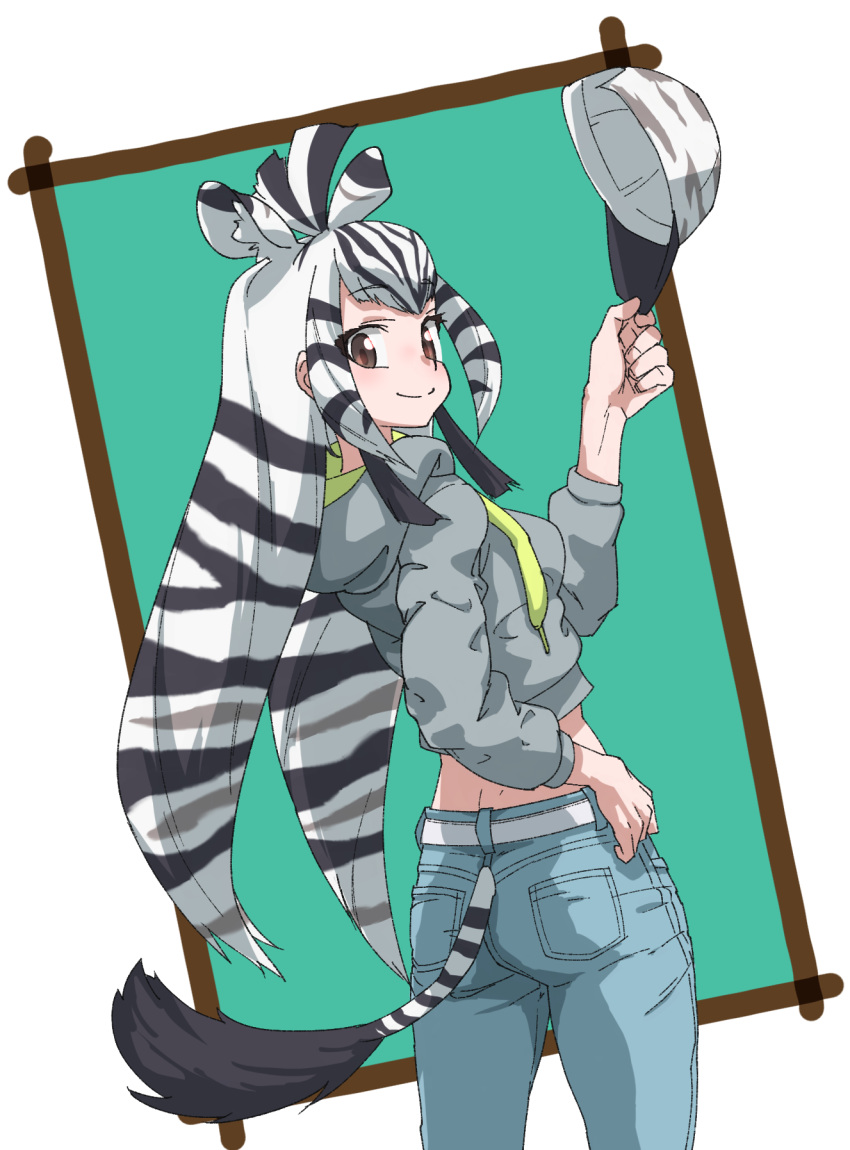 alternate_costume animal_ears ass back baseball_cap belt black_hair blue_pants brown_eyes casual chapman's_zebra_(kemono_friends) closed_mouth contemporary cropped_hoodie denim dimples_of_venus drawstring extra_ears female from_behind grey_hair grey_hoodie hand_on_own_hip hand_up hat highres holding holding_clothes holding_hat hood hood_down hoodie jeans kemono_friends long_hair long_sleeves looking_at_viewer looking_back midriff multicolored_hair pants pocket sidelocks smile solo striped_hair tail tail_through_clothes tanabe_(fueisei) twisted_torso unworn_hat unworn_headwear very_long_hair white_hair zebra_ears zebra_tail