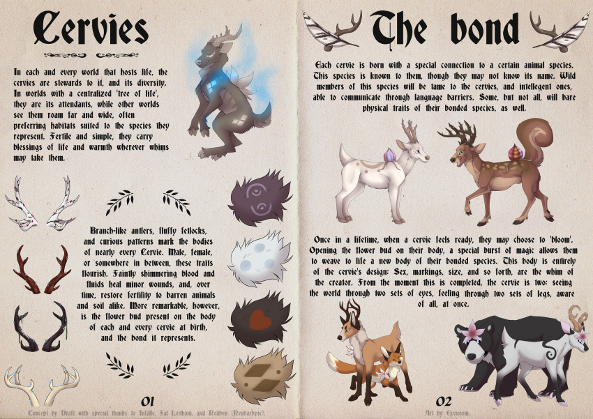 ambiguous_gender bear canid canine cervie cervine deer english_text feral flower fox group hi_res magic mammal plant shadoweyenoom species_sheet text