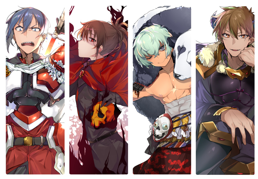 4boys abs aqua_hair armor aura belt blue_eyes blue_hair brothers brown_hair check_commentary cloak column_lineup commentary_request dark_rance demon_boy glaring hand_on_own_chin highres holding holding_skull holding_sword holding_weapon horns looking_at_viewer looking_to_the_side male_focus mask mouri_motonari_(rance_10) multicolored_hair multiple_boys muscular muscular_male one_eye_closed pelt ponytail rance_(series) rance_10 red_eyes sharp_teeth sheath shikosour short_hair siblings skull streaked_hair sword teeth topless_male unsheathing weapon yamamoto_rangi zance_leazas