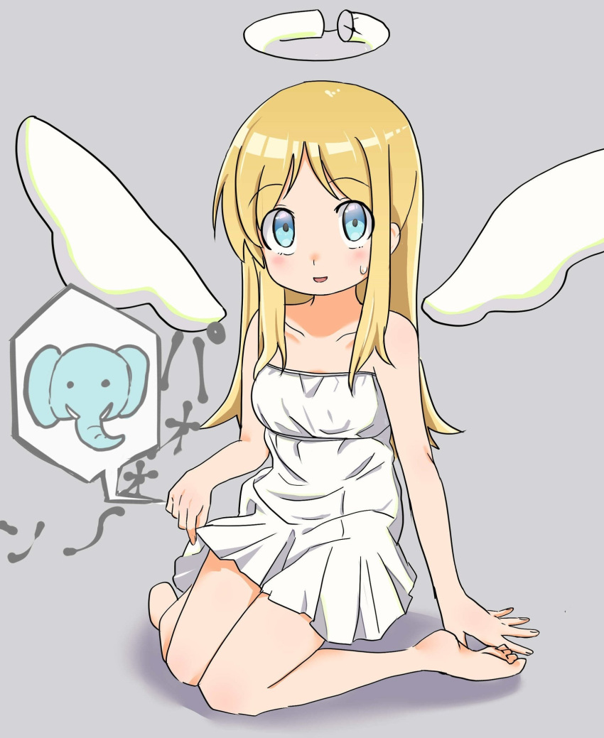 1other androgynous angel angel_wings bare_shoulders barefoot blonde_hair blue_eyes breasts broken_halo commentary crimvael dress elephant empire_waist feet grey_background halo highres ishuzoku_reviewers kneeling knees_together_feet_apart kosuda lifting_own_clothes long_hair looking_at_viewer open_mouth phallic_symbol short_dress simple_background skirt_hold small_breasts smile solo strapless strapless_dress toes white_dress wings