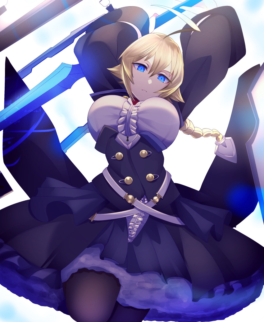 absurdres ahoge black_legwear blazblue blazblue:_central_fiction blazblue:_cross_tag_battle blonde_hair blue_eyes braid breasts center_frills es_(xblaze) expressionless female frilled_skirt frills from_below gaien_(jin_morisono) highres holding holding_sword holding_weapon huge_ahoge large_breasts looking_at_viewer parted_lips skirt solo sword underbust weapon wide_sleeves xblaze xblaze_code:_embryo