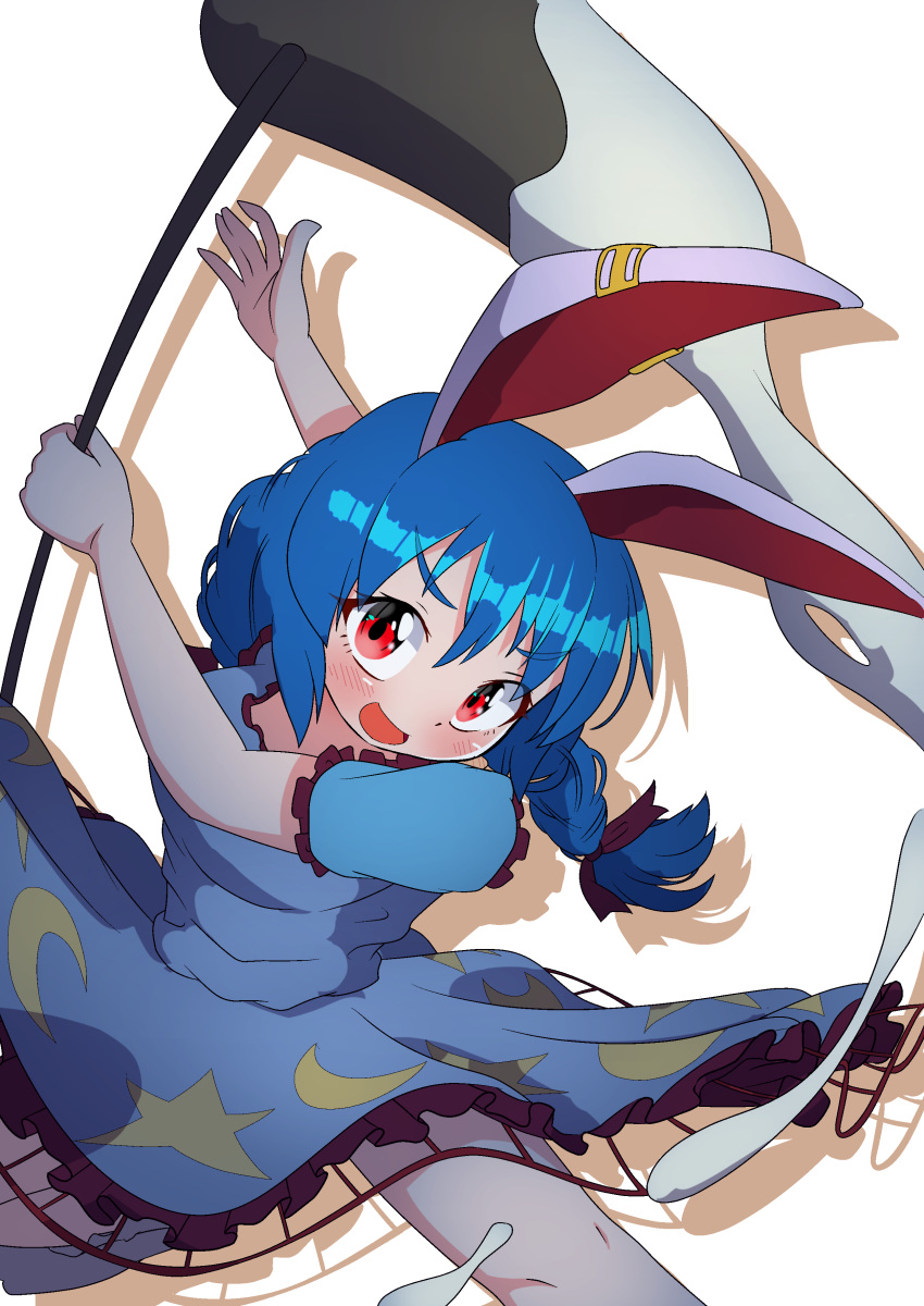 absurdres animal_ears blue_hair blush dress drop_shadow earrings female food highres jewelry mallet mochi mochi_trail moon moon_print one-hour_drawing_challenge polyhedron2 rabbit_ears red_eyes ribbon seiran_(touhou) simple_background socks solo star_(symbol) star_print touhou twintails