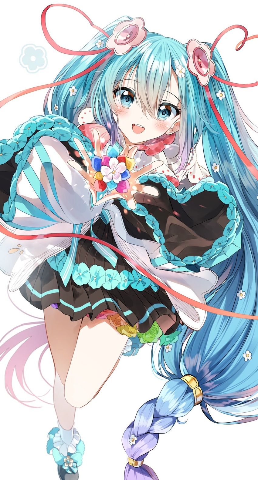 :d black_footwear black_skirt blue_eyes blue_hair blush commentary female flower flower_underskirt gradient_hair hair_between_eyes hair_flower hair_ornament hatsune_miku highres long_hair long_sleeves looking_at_viewer magical_mirai_(vocaloid) magical_mirai_miku magical_mirai_miku_(2021) multicolored_hair pentagon_(railgun_ky1206) pink_hair pleated_skirt purple_hair shoes sidelocks simple_background skirt smile solo standing standing_on_one_leg teeth twintails upper_teeth_only very_long_hair vocaloid white_background white_flower wide_sleeves