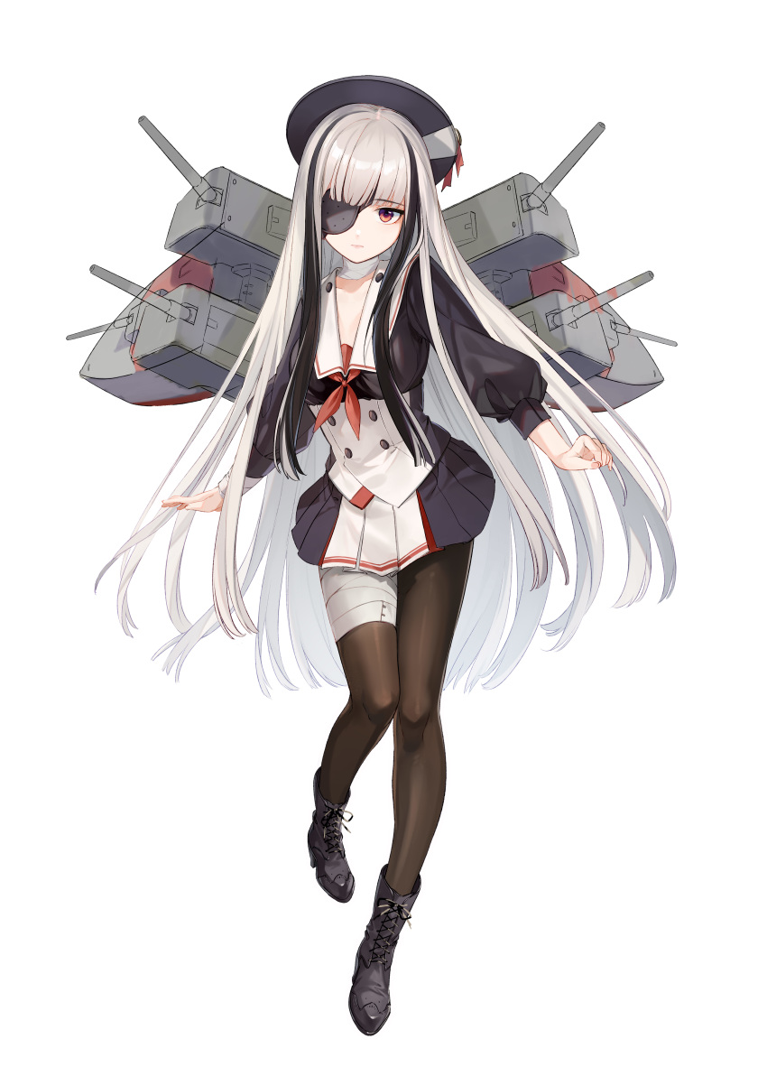 absurdres almic bad_id bad_pixiv_id bandaged_leg bandages black_footwear black_hair black_legwear blue_oath eyebrows female full_body hat highres long_hair looking_at_viewer multicolored_hair neckerchief one_eye_covered pantyhose pleated_skirt red_eyes red_neckerchief school_uniform serafuku skirt standing tachi-e two-tone_hair uniform white_hair yuura_(blue_oath)