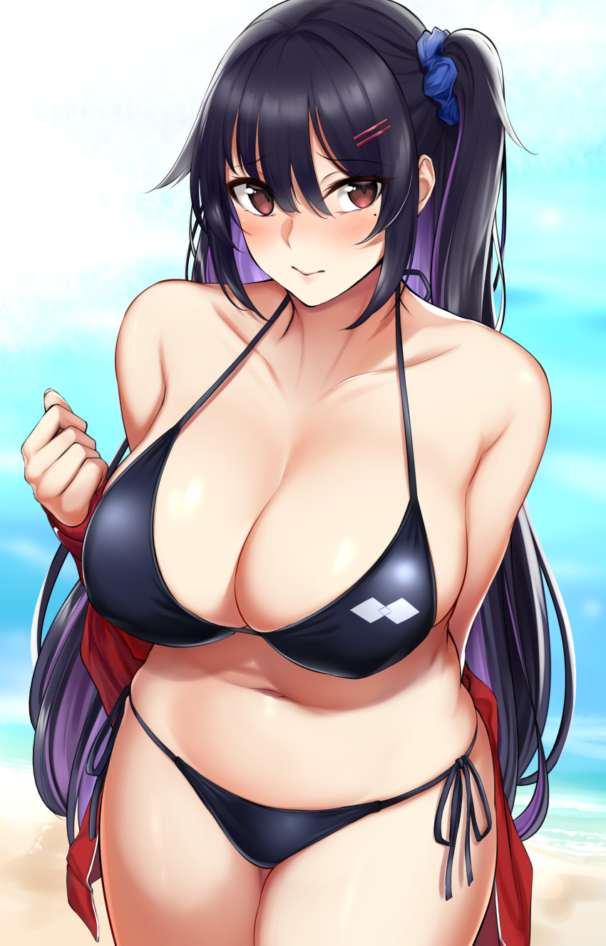 absurdres bare_shoulders beach bikini black_bikini black_hair blue_scrunchie blush breasts brown_eyes cleavage closed_mouth collarbone commentary_request female from_above hair_between_eyes hair_ornament hairclip halterneck hara_mizuki highres jacket kusahagane large_breasts long_hair mole mole_under_eye multicolored_hair navel ocean off_shoulder one_side_up original outdoors red_jacket sand scrunchie shore sidelocks solo swimsuit thighs unworn_jacket very_long_hair water