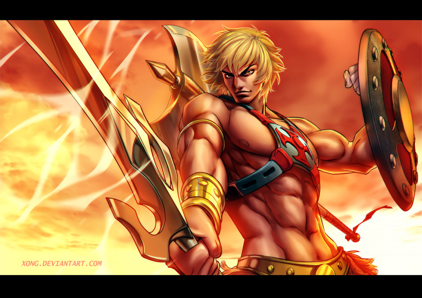 1boy abs animification axe barbarian belt bishounen blonde_hair cloud dusk energy fantasy fire he-man holding holding_shield holding_sword holding_weapon letterboxed looking_at_viewer male_focus manly masters_of_the_universe muscular muscular_male shield signature smirk solo sword sword_of_power tan vest weapon xong