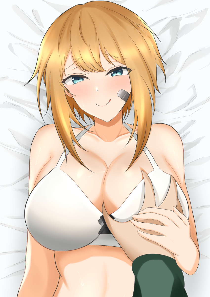 :q arn7 assertive_female bandaid bandaid_on_cheek bandaid_on_face bare_shoulders bed_sheet blonde_hair blue_eyes blush breasts cleavage collarbone commander_(nikke) commentary_request deep_skin female goddess_of_victory:_nikke grabbing grabbing_another's_breast green_jacket groping guided_breast_grab guiding_hand highres jacket large_breasts long_sleeves looking_at_viewer lying maxwell_(nikke) on_back partial_commentary pov pov_hands short_hair sidelocks smile solo_focus sports_bra straight tongue tongue_out upper_body white_sports_bra