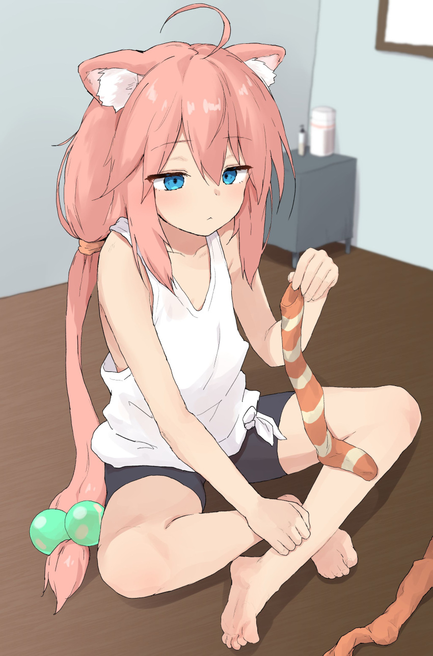 absurdres ahoge animal_ears bare_arms barefoot blue_eyes cat_ears cat_girl collarbone commentary_request feet female flat_chest full_body hair_bobbles hair_ornament highres hinata_channel holding holding_clothes holding_legwear indian_style long_hair low-cut_armhole low_twintails nekomiya_hinata pink_hair sitting sleeveless soles solo tank_top toes twintails virtual_youtuber white_tank_top yakihebi