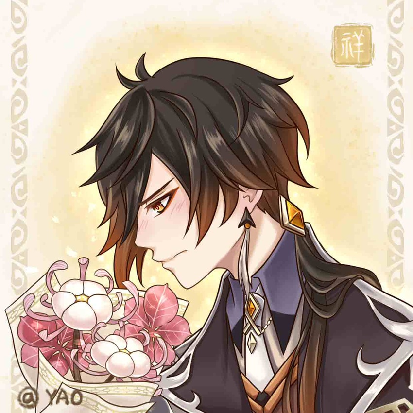 1boy black_hair blush bouquet brown_hair closed_mouth collared_shirt earrings eyeliner eyeshadow flower formal from_side genshin_impact gradient_hair hair_tie highres jacket jewelry long_hair long_sleeves makeup male_focus multicolored_hair necktie ponytail red_eyeshadow shirt silk_flower_(genshin_impact) single_earring solo suit tassel tassel_earrings white_flower yellow_eyes yoru_47 zhongli_(genshin_impact)