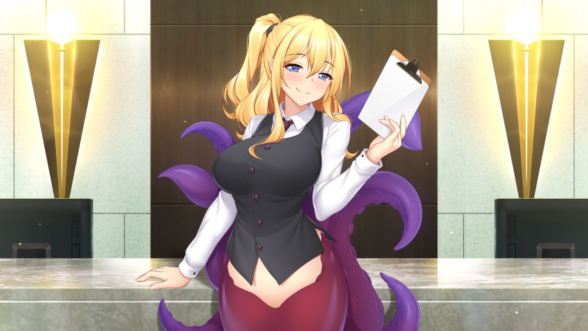 absurdres arm_support black_vest blonde_hair blue_eyes blush breasts buttons clipboard closed_mouth collared_shirt commentary english_commentary existence female game_cg hair_between_eyes half-closed_eyes highres holding holding_clipboard large_breasts long_hair long_sleeves looking_at_viewer monster_girl necktie nell_(existence) one_side_up scylla shirt sidelocks smile solo standing suction_cups tentacle uosaasou vest white_shirt wing_collar