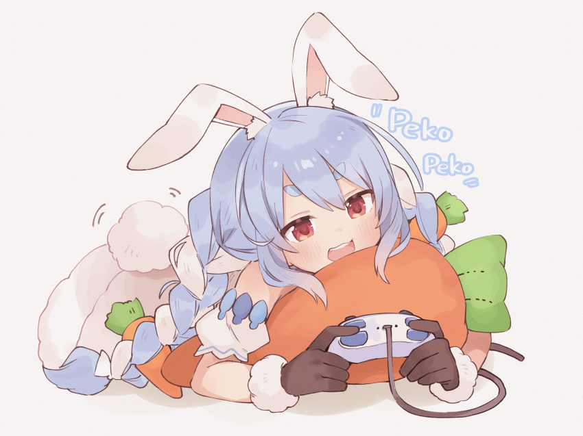 :3 :d animal_ear_fluff animal_ears bare_shoulders blue_hair blush braid brown_gloves carrot carrot-shaped_pillow carrot_hair_ornament coat commentary controller eyes_visible_through_hair female food-themed_hair_ornament fur-trimmed_coat fur-trimmed_gloves fur_trim game_controller gloves hair_between_eyes hair_ornament highres holding holding_controller holding_game_controller hololive long_braid long_hair lying multicolored_hair on_stomach open_mouth orange_eyes orqz pillow playing_games rabbit_ears rabbit_girl rabbit_tail red_eyes short_eyebrows sidelocks simple_background smile solo symbol_in_eye tail tail_wagging teeth thick_eyebrows twin_braids twintails two-tone_hair upper_teeth_only usada_pekora usada_pekora_(1st_costume) v-shaped_eyebrows virtual_youtuber white_background white_coat white_hair