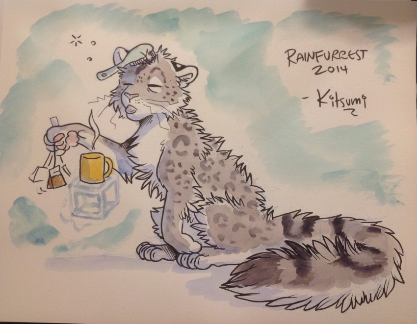 2014 ambiguous_gender beverage blep brush container cup english_text felid fur fur_markings grey_body grey_fur hi_res kitsumi mammal markings mug pantherine semi-anthro snow_leopard solo spots tea tea_bag text tongue tongue_out tuft white_body white_fur