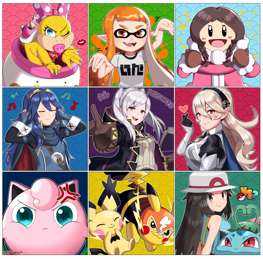 6+girls :3 :d absurdres anger_vein blowing_kiss blue_eyes blue_hair blush_stickers braid breasts brown_hair cape claws closed_eyes closed_mouth clothed_pokemon coat commentary corrin_(female)_(fire_emblem) corrin_(fire_emblem) cosplay_pikachu electricity english_commentary english_text fangs fangs_out fire_emblem fire_emblem_awakening fire_emblem_fates gloves grey_hair hat heart highres ice_climber inkling inkling_girl inkling_player_character ivysaur jigglypuff leaf_(pokemon) long_hair looking_at_viewer lucina_(fire_emblem) mario_(series) multiple_girls musical_note nana_(ice_climber) one_eye_closed open_mouth pichu pikachu pikachu_libre pointy_ears poke_ball_symbol pokemon pokemon_(creature) pokemon_frlg pokken_tournament robin_(female)_(fire_emblem) robin_(fire_emblem) sarukaiwolf seigaiha sleeveless smile spiky-eared_pichu splatoon_(series) super_smash_bros. tentacle_hair twin_braids wendy_o._koopa white_hair winter_clothes winter_coat