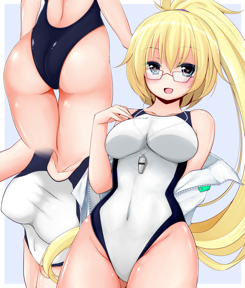 :d ass backless_swimsuit bakko bare_shoulders black_one-piece_swimsuit blonde_hair blue_background blue_eyes blush border breasts collarbone commentary_request competition_swimsuit fate/grand_order fate_(series) female glasses heart heart-shaped_pupils highleg highleg_swimsuit highres jacket jeanne_d'arc_(fate) jeanne_d'arc_(swimsuit_archer)_(fate) jeanne_d'arc_(swimsuit_archer)_(second_ascension)_(fate) large_breasts long_hair multicolored_clothes multicolored_swimsuit multiple_views off_shoulder one-piece_swimsuit open_clothes open_jacket open_mouth ponytail red-framed_eyewear smile swimsuit symbol-shaped_pupils very_long_hair whistle whistle_around_neck white_border white_one-piece_swimsuit