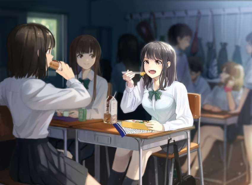 bad_id bad_pixiv_id bento black_hair blunt_bangs blurry blurry_background blurry_foreground bow bowtie brown_eyes brown_hair chair chopsticks classroom commentary_request desk eating food green_bow green_bowtie highres hinoshita_akame indoors long_hair long_sleeves medium_hair multiple_boys multiple_girls omelet open_mouth original pleated_skirt school_desk school_uniform shirt sitting skirt solo_focus tamagoyaki white_shirt yakisoba yakisobapan