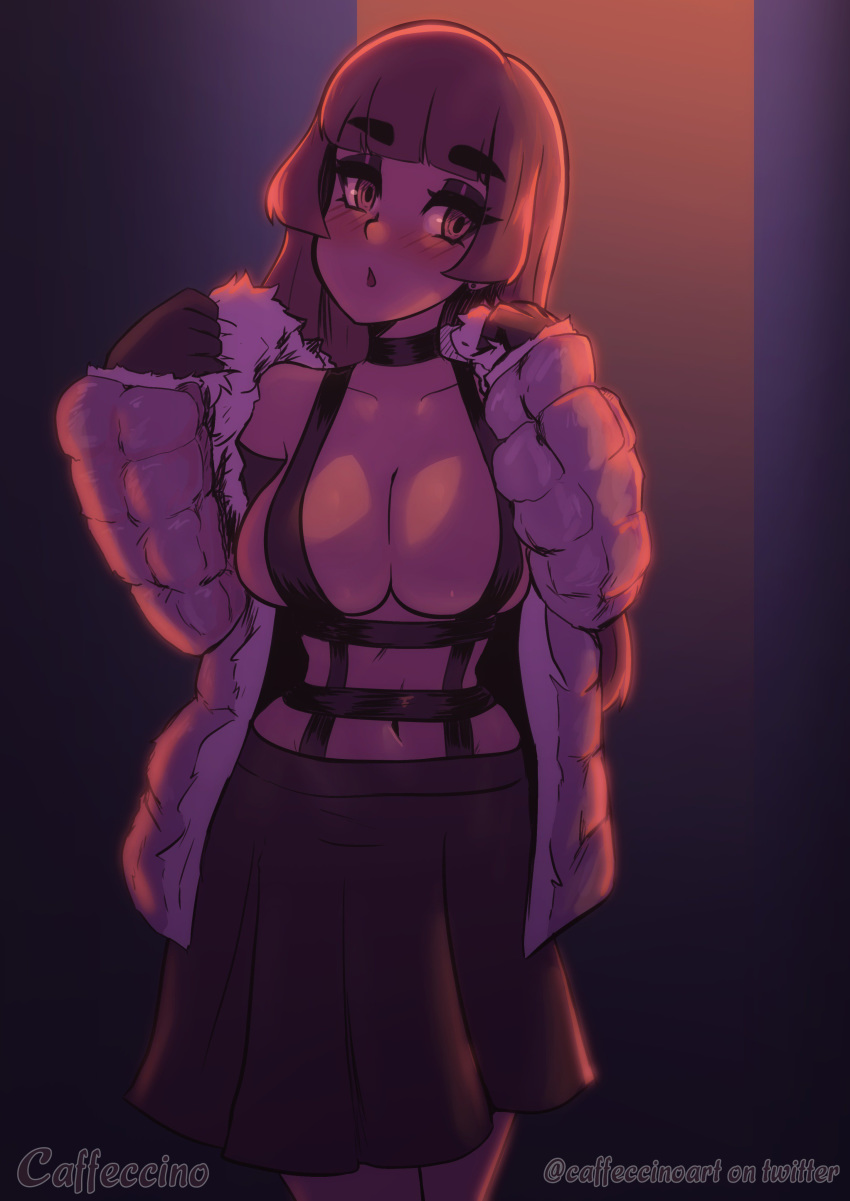 absurdres artist_name black_gloves black_skirt blunt_bangs blush breasts caffeccino cleavage coat commentary_request eyeshadow female fur_coat gloves hands_up highres large_breasts makeup original skirt solo twitter_username