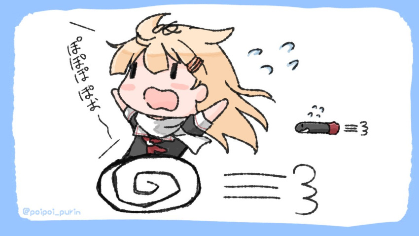 1other black_ribbon black_serafuku blonde_hair chasing commentary_request female hair_flaps hair_ribbon kantai_collection long_hair neckerchief open_mouth outstretched_arms poipoi_purin red_neckerchief ribbon running scarf school_uniform serafuku torpedo twitter_username wheel_o_feet white_scarf yuudachi_(kancolle) yuudachi_kai_ni_(kancolle) |_|