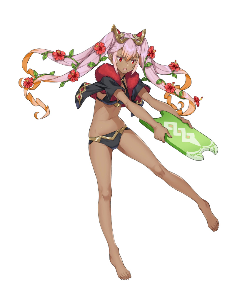 bad_feet bare_legs barefoot bikini black_bikini black_jacket breasts criss-cross_halter cropped_jacket dark-skinned_female dark_skin female fire_emblem fire_emblem_heroes flower full_body fur_trim gradient_hair hair_flower hair_ornament halterneck hibiscus highres holding jacket kickboard laevatein_(fire_emblem) laevatein_(summer)_(fire_emblem) long_hair looking_away medium_breasts multicolored_hair navel official_art open_mouth orange_hair pink_hair plant red_eyes saitou_masatsugu short_sleeves sidelocks solo stomach swimsuit toes transparent_background twintails v-shaped_eyebrows vines