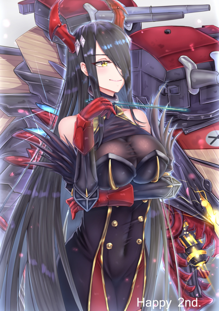 azur_lane bare_shoulders black_hair breasts chinese_commentary cleavage closed_mouth collarbone commentary_request conductor_baton covered_navel female friedrich_der_grosse_(azur_lane) gloves hair_over_one_eye highres holding horns large_breasts long_hair looking_to_the_side machinery red_gloves red_horns rigging see-through skindentation sking smile solo very_long_hair yellow_eyes