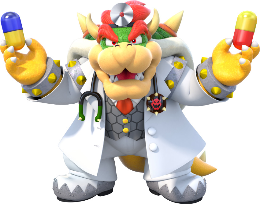 1boy absurdres bowser bracelet dr._bowser dr._mario_(game) dr._mario_world formal highres jewelry male_focus mario_(series) necktie pants pill red_hair red_necktie sharp_teeth solo spiked_bracelet spikes stethoscope suit teeth transparent_background white_footwear white_pants white_suit