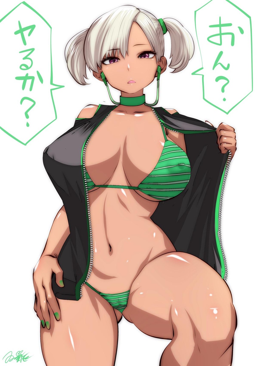 ass_visible_through_thighs bad_id bad_twitter_id bare_shoulders bikini breasts choker cleavage commentary covered_nipples dark-skinned_female dark_skin earbuds earphones female green_bikini green_nails highres jacket looking_at_viewer navel open_clothes open_jacket original platinum_blonde_hair purple_eyes shiny_skin short_twintails solo souryu swimsuit translated twintails