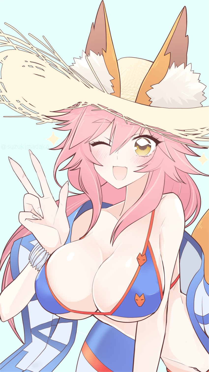 animal_ear_fluff animal_ears bikini blue_bikini blush breasts cleavage collarbone commentary_request ears_through_headwear fate/grand_order fate_(series) female fox_ears fox_girl fox_tail hat highres large_breasts looking_at_viewer navel oerba_yun_fang one_eye_closed open_mouth pink_hair side-tie_bikini_bottom skin_fang solo straw_hat suzukimadaka swimsuit tail tamamo_(fate) tamamo_no_mae_(swimsuit_lancer)_(fate) tamamo_no_mae_(swimsuit_lancer)_(second_ascension)_(fate) tamamo_no_mae_(swimsuit_lancer)_(third_ascension)_(fate)