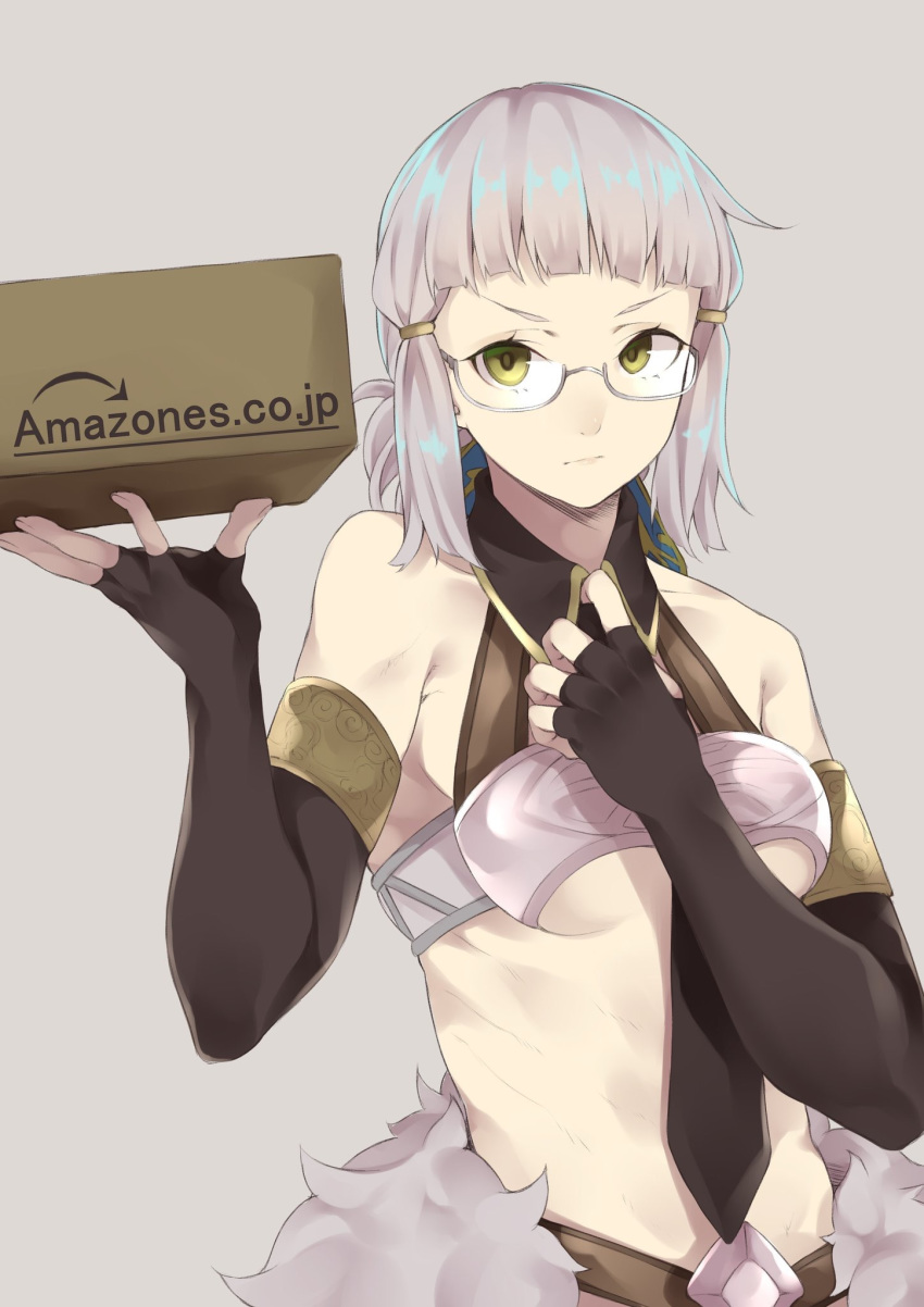 adjusting_clothes adjusting_necktie amazon_(company) bespectacled black_gloves box commentary_request e_draw_paint elbow_gloves fate/grand_order fate_(series) female fingerless_gloves glasses gloves grey_background grey_hair highres looking_at_viewer midriff necktie penthesilea_(amazones_ceo)_(fate) penthesilea_(fate) semi-rimless_eyewear short_hair simple_background solo under-rim_eyewear yellow_eyes