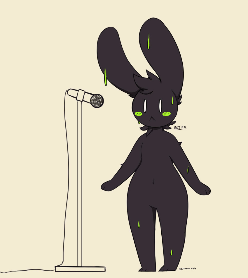 2019 :< anthro aronhilistix biped black_body black_fur blush blush_stickers dark_body dark_fur electronics female front_view fur hi_res lagomorph leporid long_ears mammal microphone mojito_(aronhilistix) navel no_pupils noseless nude rabbit solo standing white_eyes wide_hips