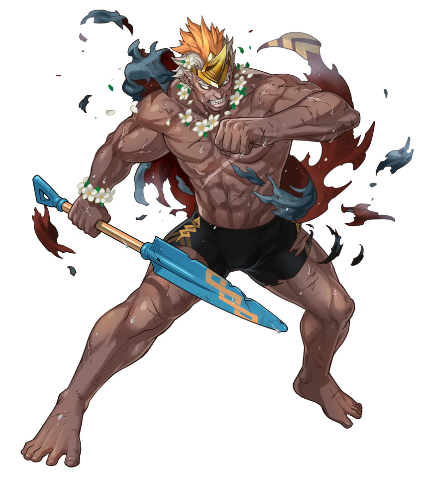 1boy abs barefoot dark-skinned_male dark_skin fire_emblem fire_emblem_heroes flower full_body helbindi_(fire_emblem) helbindi_(summer)_(fire_emblem) highres horn_ornament horns indesign jewelry leaf male_focus manly multicolored_hair necklace official_alternate_costume official_art orange_hair pectorals red_eyes scar shovel solo swimsuit teeth topless_male torn_clothes transparent_background two-tone_hair white_hair