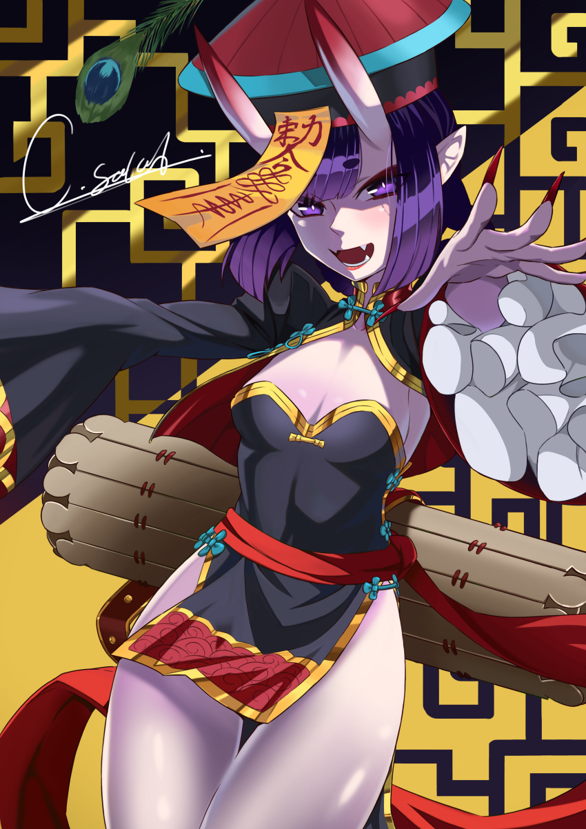 absurdres black_dress blunt_bangs braid braided_hair_rings breasts caesar_salad china_dress chinese_clothes cleavage colored_skin commentary_request cowboy_shot dress eyeshadow fangs fate/grand_order fate_(series) female fingernails frilled_sleeves frills hair_rings hat highres horns jiangshi lipstick long_fingernails long_hair long_sleeves looking_at_viewer makeup medium_breasts ofuda oni open_mouth outstretched_arms peacock_feathers photoshop_(medium) pointy_ears purple_eyes purple_hair purple_skin qingdai_guanmao red_eyeshadow red_lips red_nails sash short_dress short_eyebrows shrug_(clothing) shuten_douji_(fate) shuten_douji_(festival_outfit)_(fate) sideboob skin-covered_horns strapless strapless_dress twin_braids wide_sleeves zombie_pose