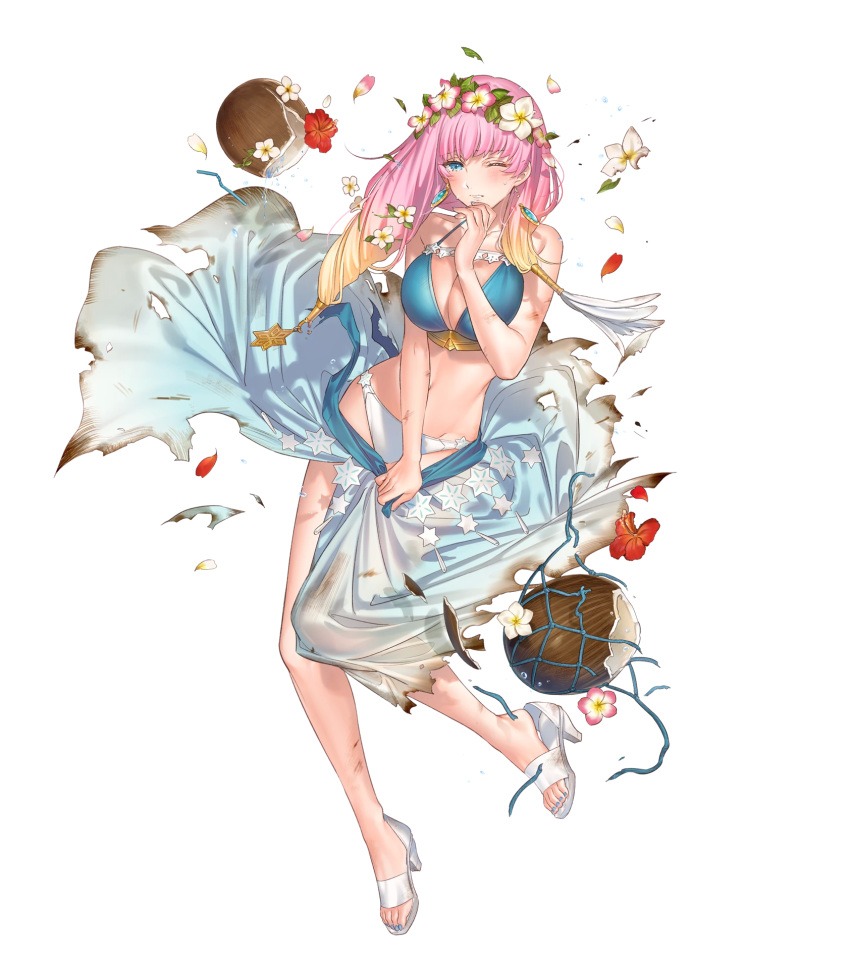 bare_arms bare_shoulders bikini blonde_hair blue_eyes blush breasts burn cleavage coconut drinking_straw earrings female fire_emblem fire_emblem_heroes flower food fruit fruit_cup full_body gradient_hair gunnthra_(fire_emblem) gunnthra_(summer)_(fire_emblem) hair_flower hair_ornament hand_up head_wreath hibiscus high_heels highres jewelry kippu large_breasts long_hair multicolored_hair nail_polish navel official_art one_eye_closed parted_lips petals pink_hair sandals sarong scar solo stomach swimsuit toenail_polish toenails toes transparent_background white_footwear