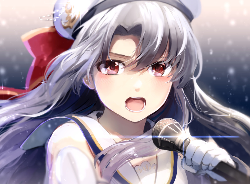 absurdres bad_id bad_pixiv_id female floating_hair gloves grey_hair hat highres hinoshita_akame holding holding_microphone idolmaster idolmaster_million_live! long_hair microphone open_mouth portrait red_eyes sailor_collar shirt solo sparkle takayama_sayoko white_gloves white_hat white_sailor_collar white_shirt