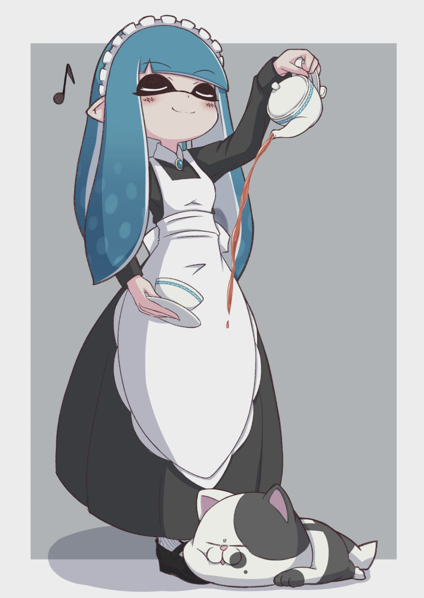 absurdres animal apron arm_up black_dress black_footwear blue_hair brooch closed_mouth commentary_request cup decantering dress eighth_note feline female highres holding inkling inkling_girl inkling_player_character jewelry judd_(splatoon) long_hair long_sleeves maid maid_apron maid_headdress mary_janes musical_note pointy_ears pouring shadow shinako shoes smile splatoon_(series) standing tea teacup teapot tentacle_hair white_apron white_legwear